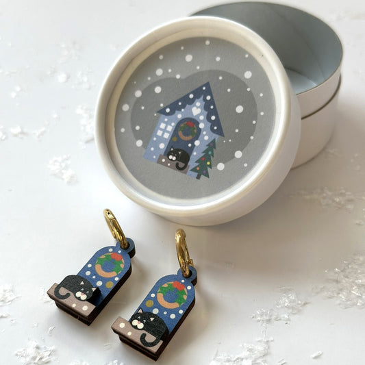 Festive Christmas Earrings, Cute black cat on a Snowy day