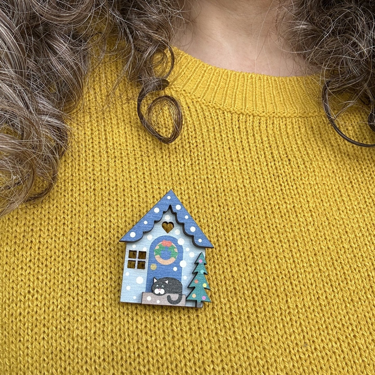 Blue Christmas House Wooden Brooch. Cute Winter Accessory