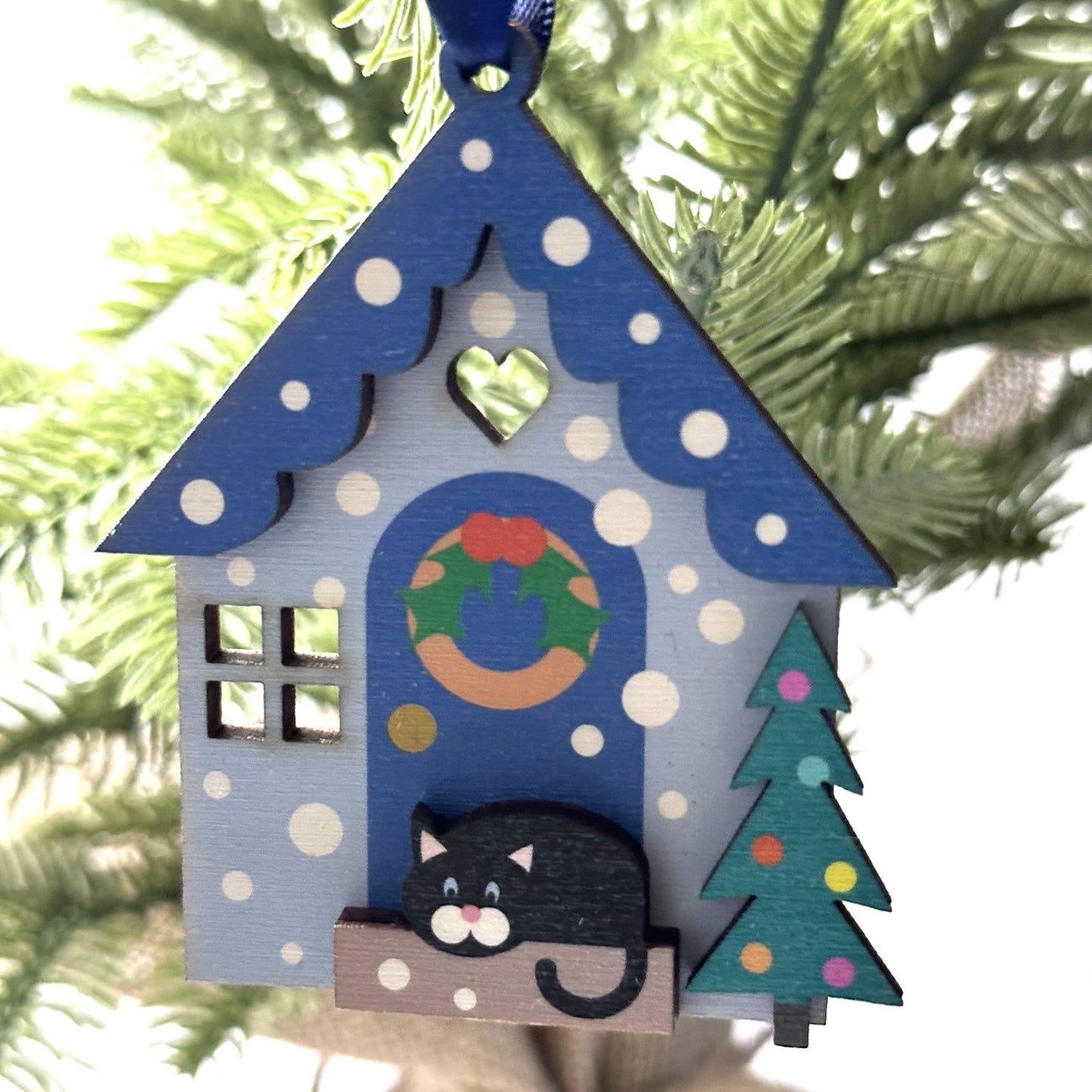 Blue Snowy Day Wooden Christmas Decoration, with Cute Black Cat