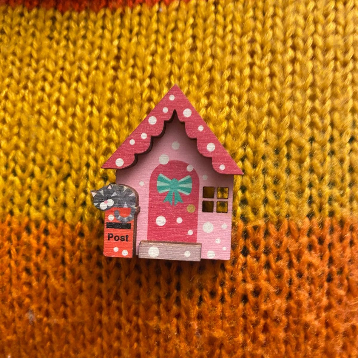 Cosy Pink Winter Cottage Wooden Brooch, Fun Winter Accessory