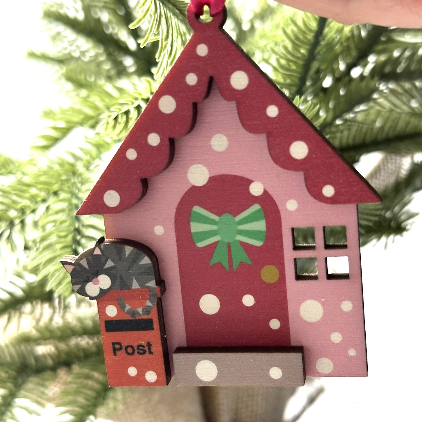 Red Snowy Day Christmas House Decoration, with Cute Grey Tabby Cat