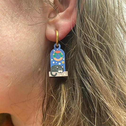 Festive Christmas Earrings, Cute black cat on a Snowy day
