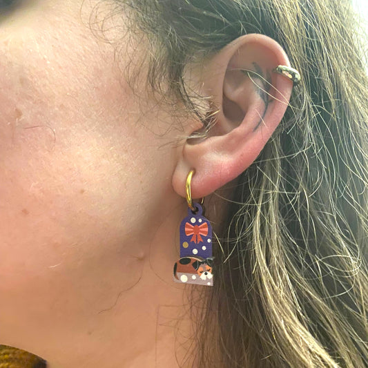 Wooden Christmas Earrings. Cute Terrier Dog on a Snowy Day