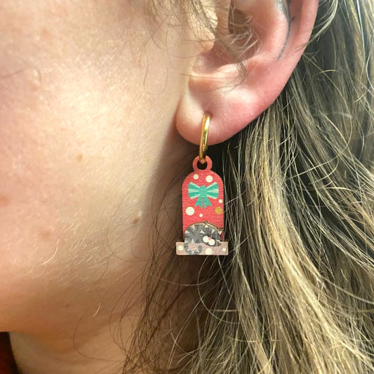 Cute Christmas earrings. Grey Tabby Cat on a Snowy Day