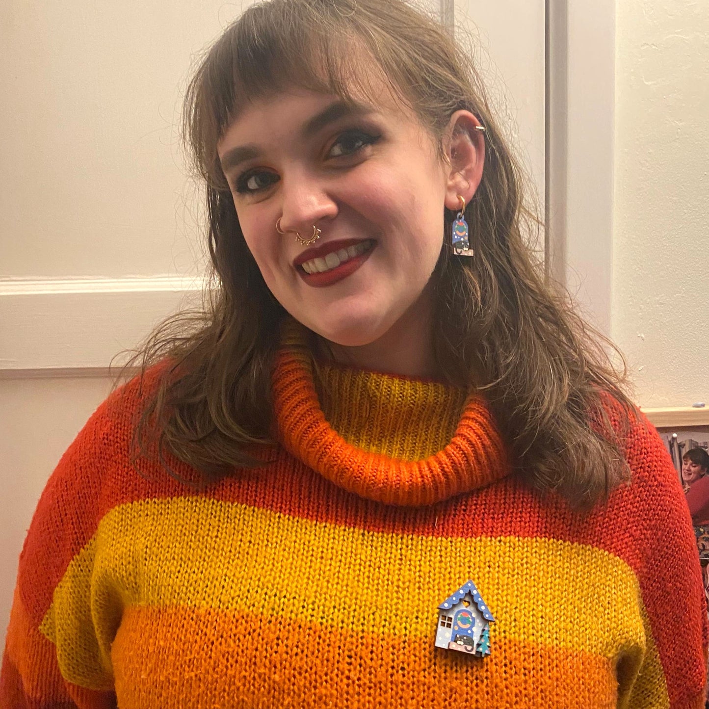 Blue Christmas House Wooden Brooch. Cute Winter Accessory