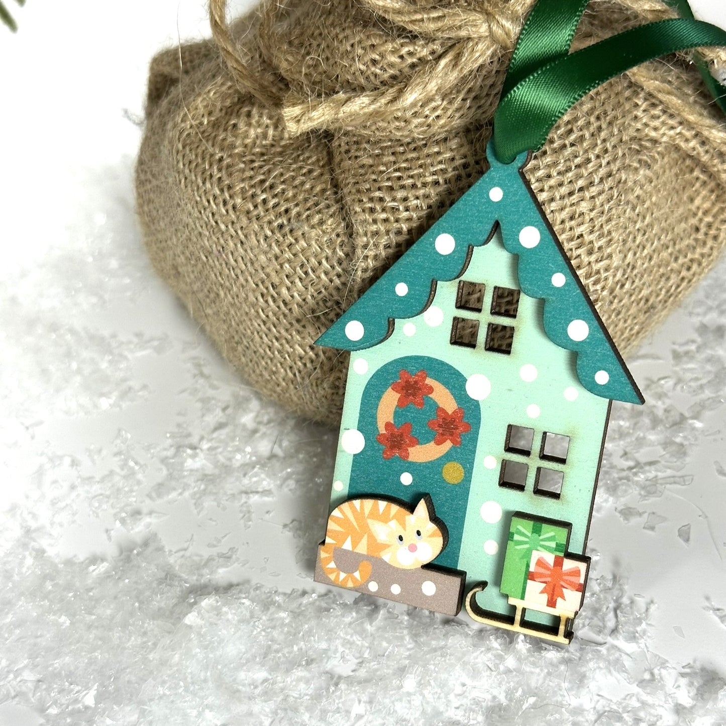 Green Snowy Day Christmas Decoration, with Cute Ginger Cat