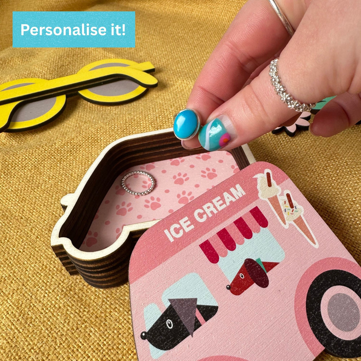 Personalised Wooden Trinket Box - Dogs in Ice Cream Van
