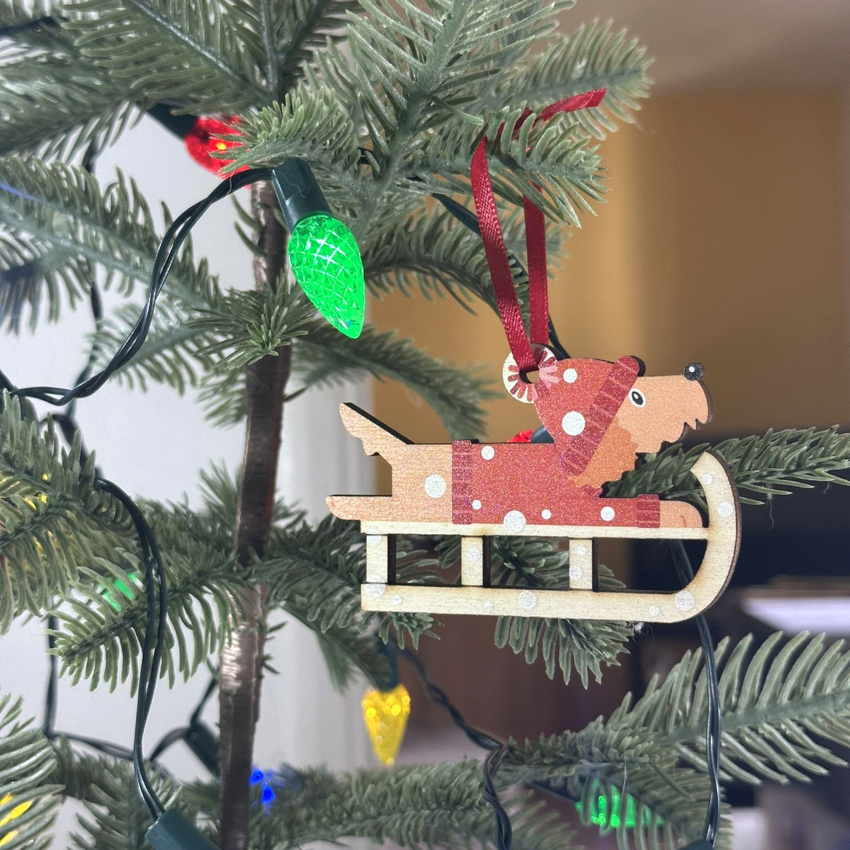 Cockapoo Dog on a Christmas Sledge - Tree Decoration
