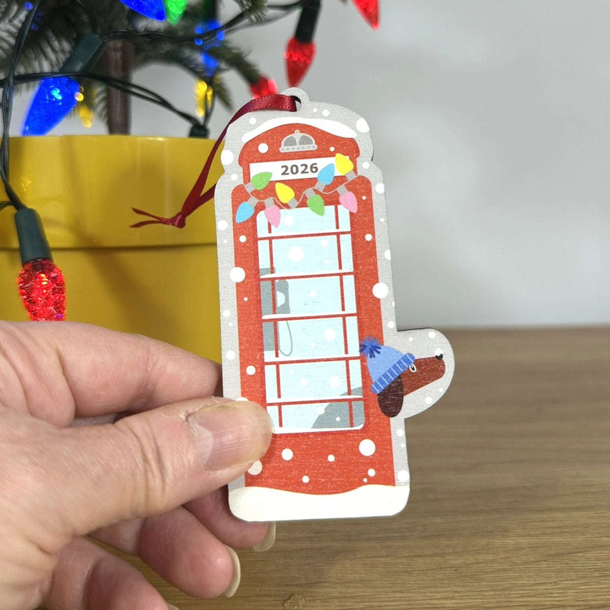 Personalised Red Phone Box With a Dog Peeking Out - Tree Decoration
