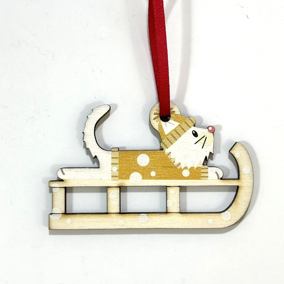 Fluffy White Cat on a Christmas Sledge - Tree Decoration