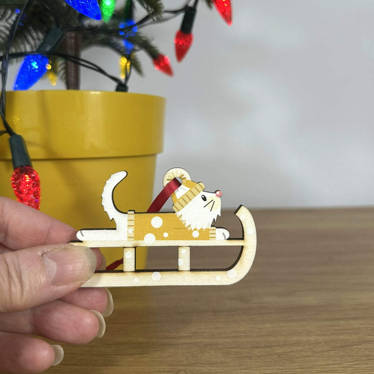 Fluffy White Cat on a Christmas Sledge - Tree Decoration