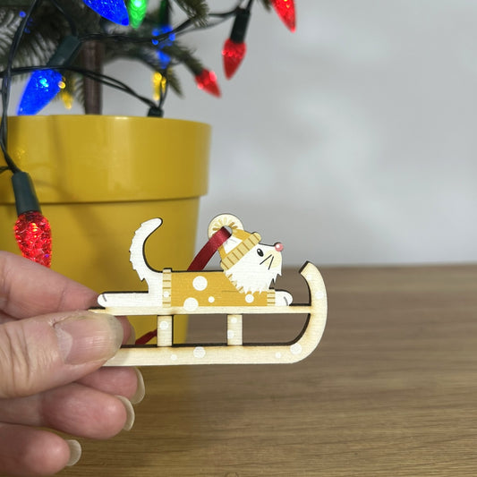 Fluffy White Cat on a Christmas Sledge - Tree Decoration