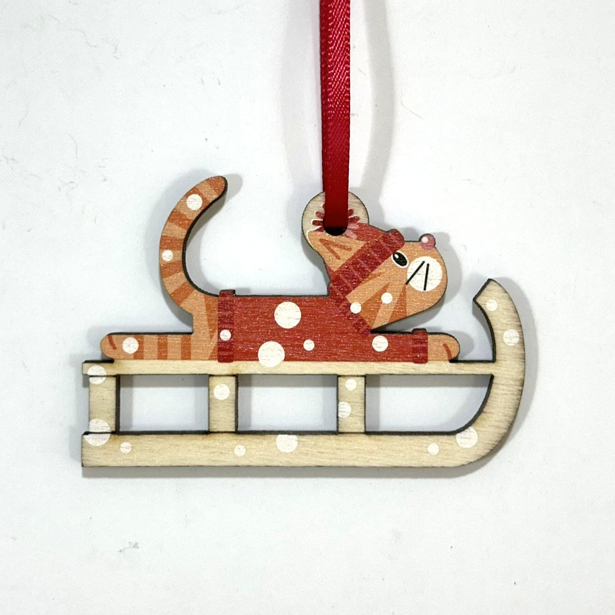 Ginger Tabby Cat on a Christmas Sledge - Tree Decoration