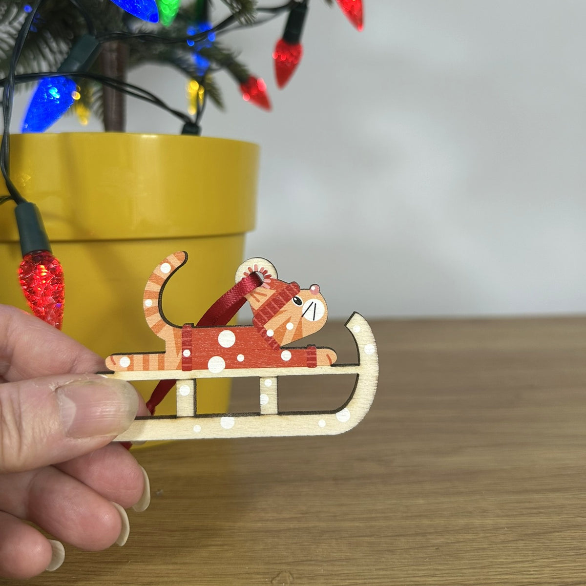 Ginger Tabby Cat on a Christmas Sledge - Tree Decoration
