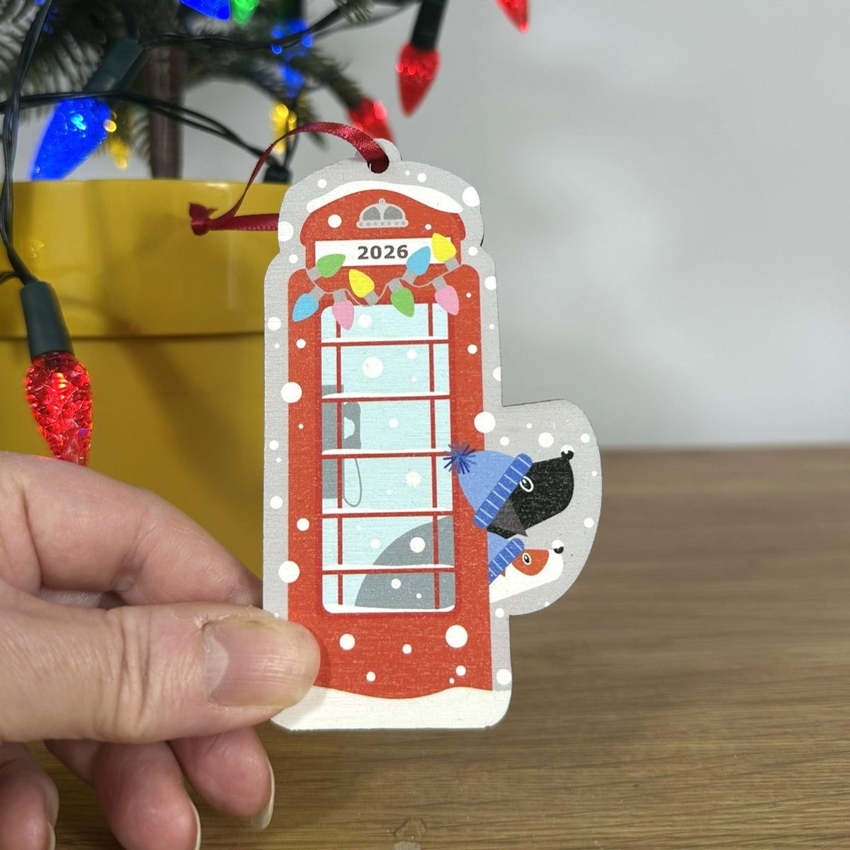 Personalised Red Phone Box With Two Dogs Peeking Out - Tree Decoration