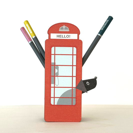 Wooden Pen Pot - Iconic Red Phone Box Shaped