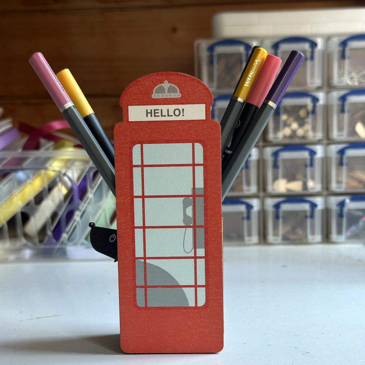 Wooden Pen Pot - Iconic Red Phone Box Shaped