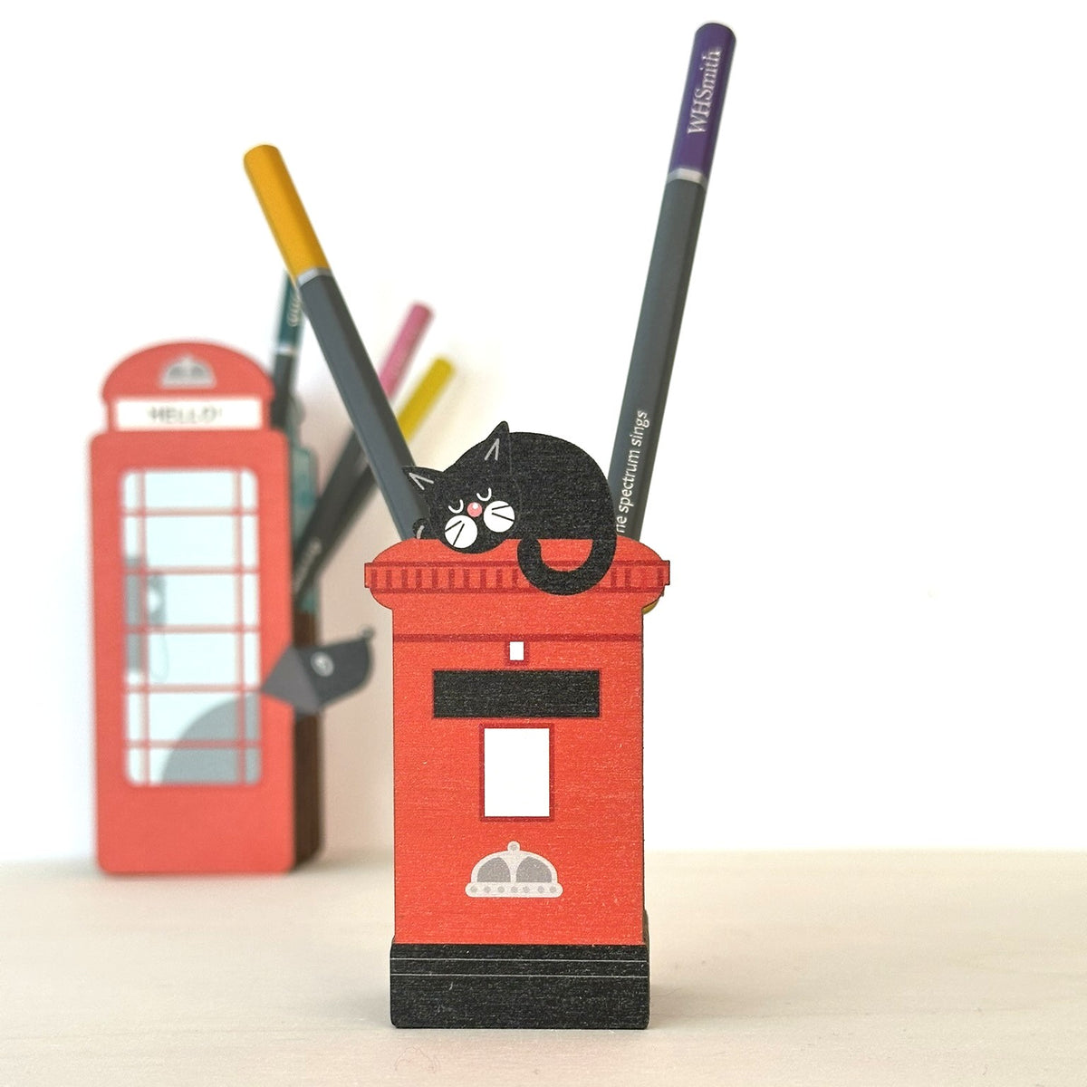 Wooden Pen Pot Shaped as an Iconic Red Post Box