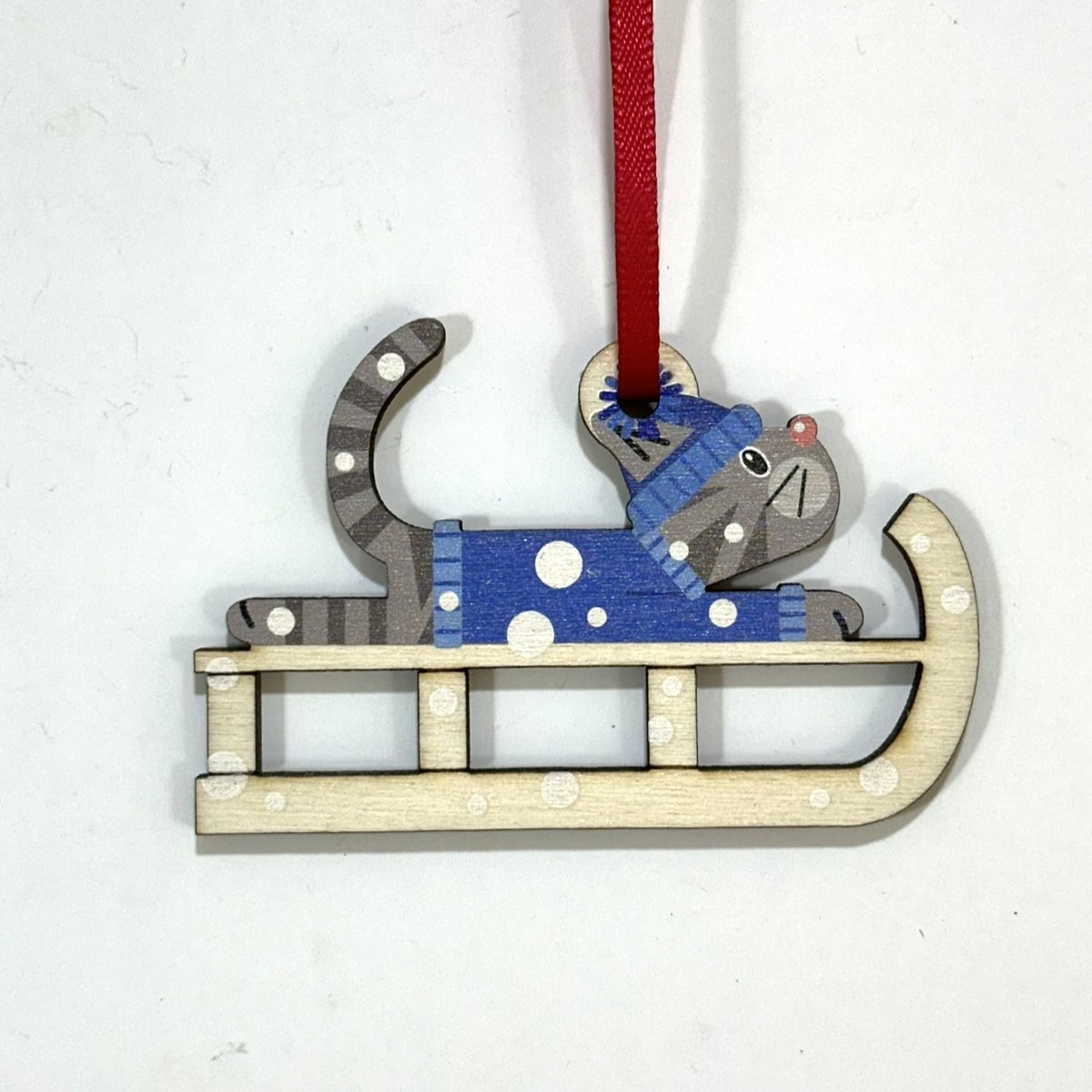 Grey Tabby Cat on a Christmas Sledge - Tree Decoration