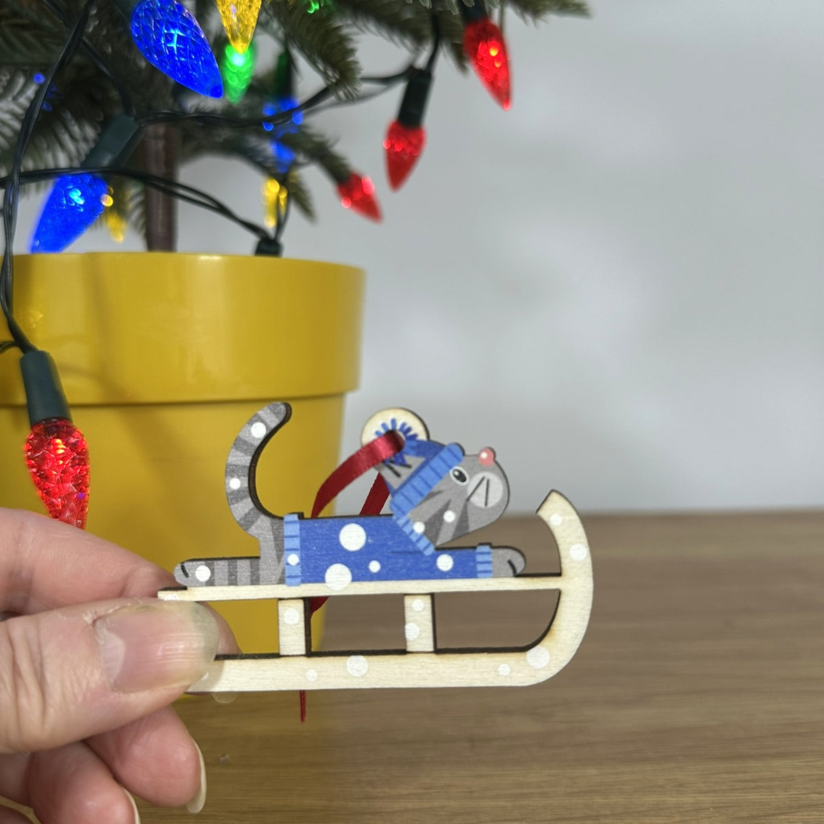 Grey Tabby Cat on a Christmas Sledge - Tree Decoration