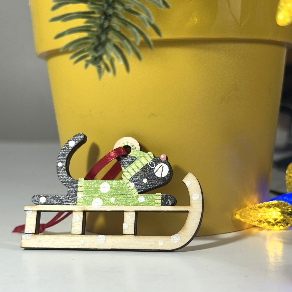 Black Cat on a Christmas Sledge - Tree Decoration