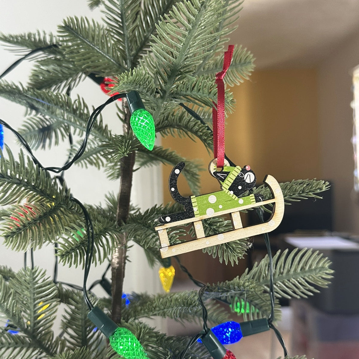 Black Cat on a Christmas Sledge - Tree Decoration
