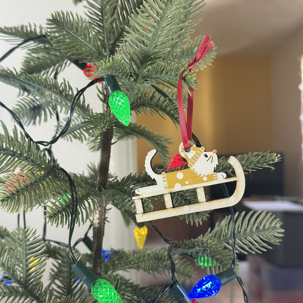 Fluffy White Cat on a Christmas Sledge - Tree Decoration