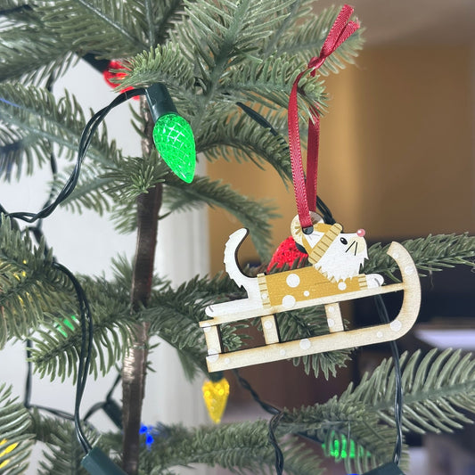 Fluffy White Cat on a Christmas Sledge - Tree Decoration