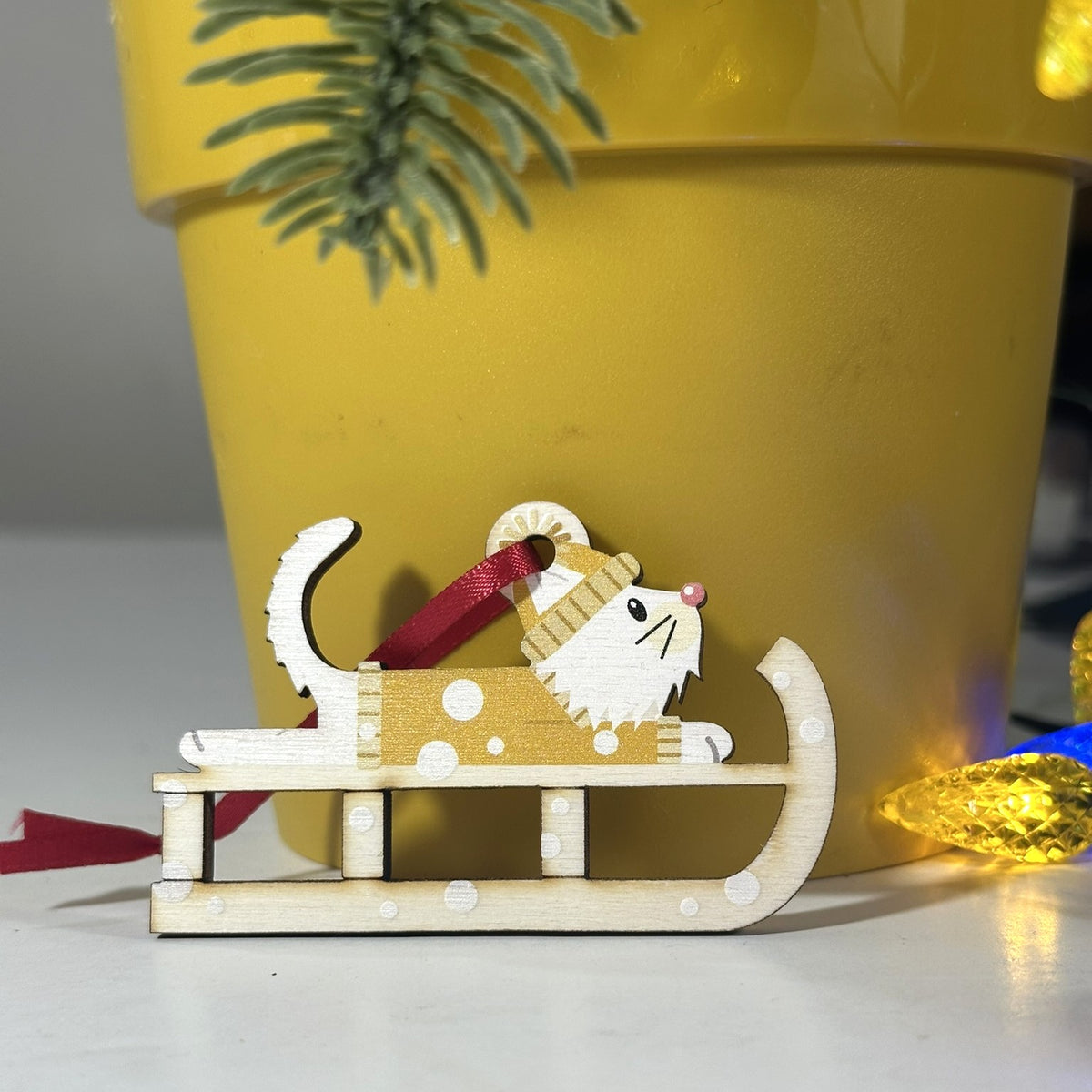 Fluffy White Cat on a Christmas Sledge - Tree Decoration