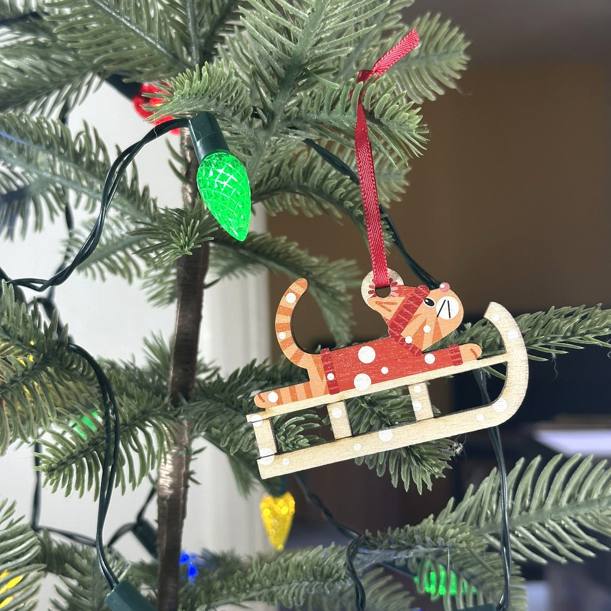Ginger Tabby Cat on a Christmas Sledge - Tree Decoration