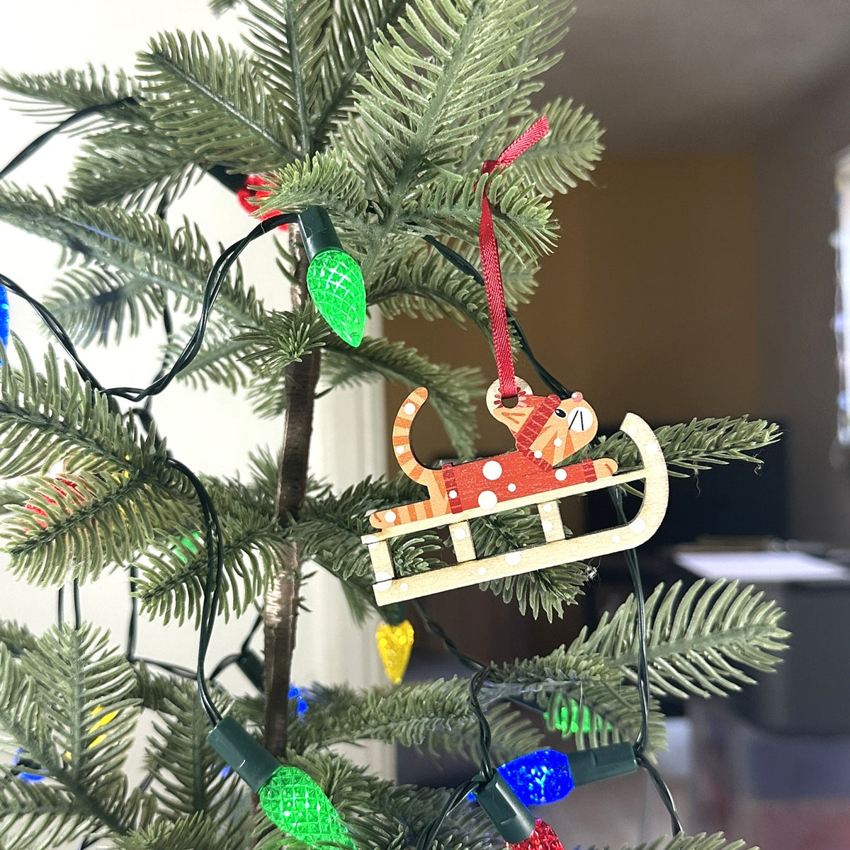 Ginger Tabby Cat on a Christmas Sledge - Tree Decoration