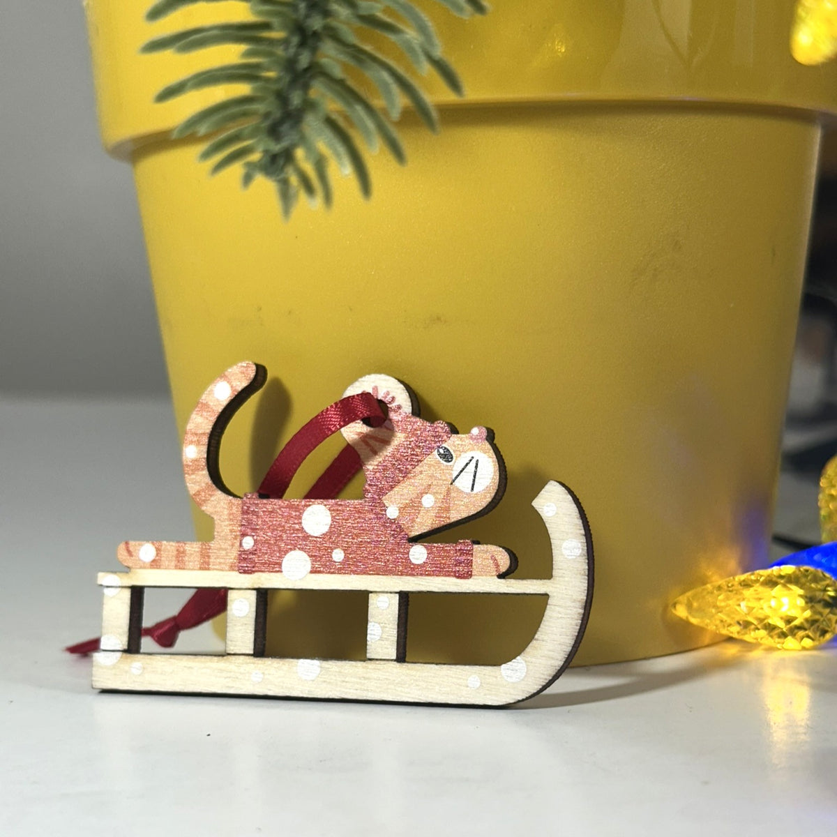 Ginger Tabby Cat on a Christmas Sledge - Tree Decoration