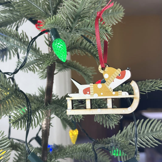 Jack Russell Dog on a Christmas Sledge - Tree Decoration