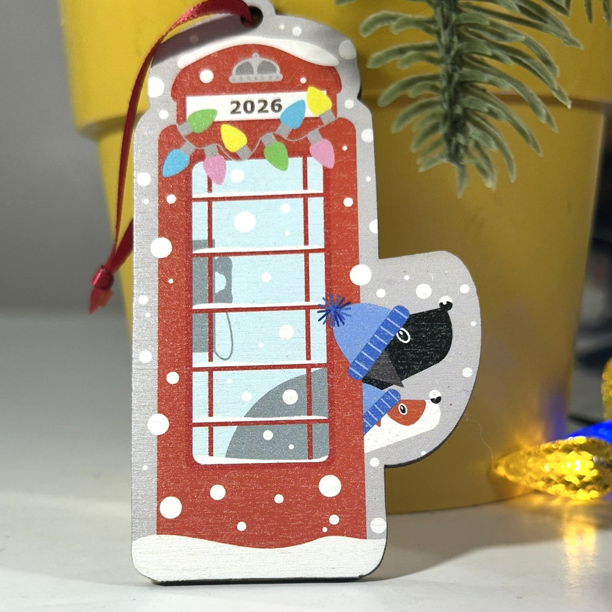 Personalised Red Phone Box With Two Dogs Peeking Out - Tree Decoration