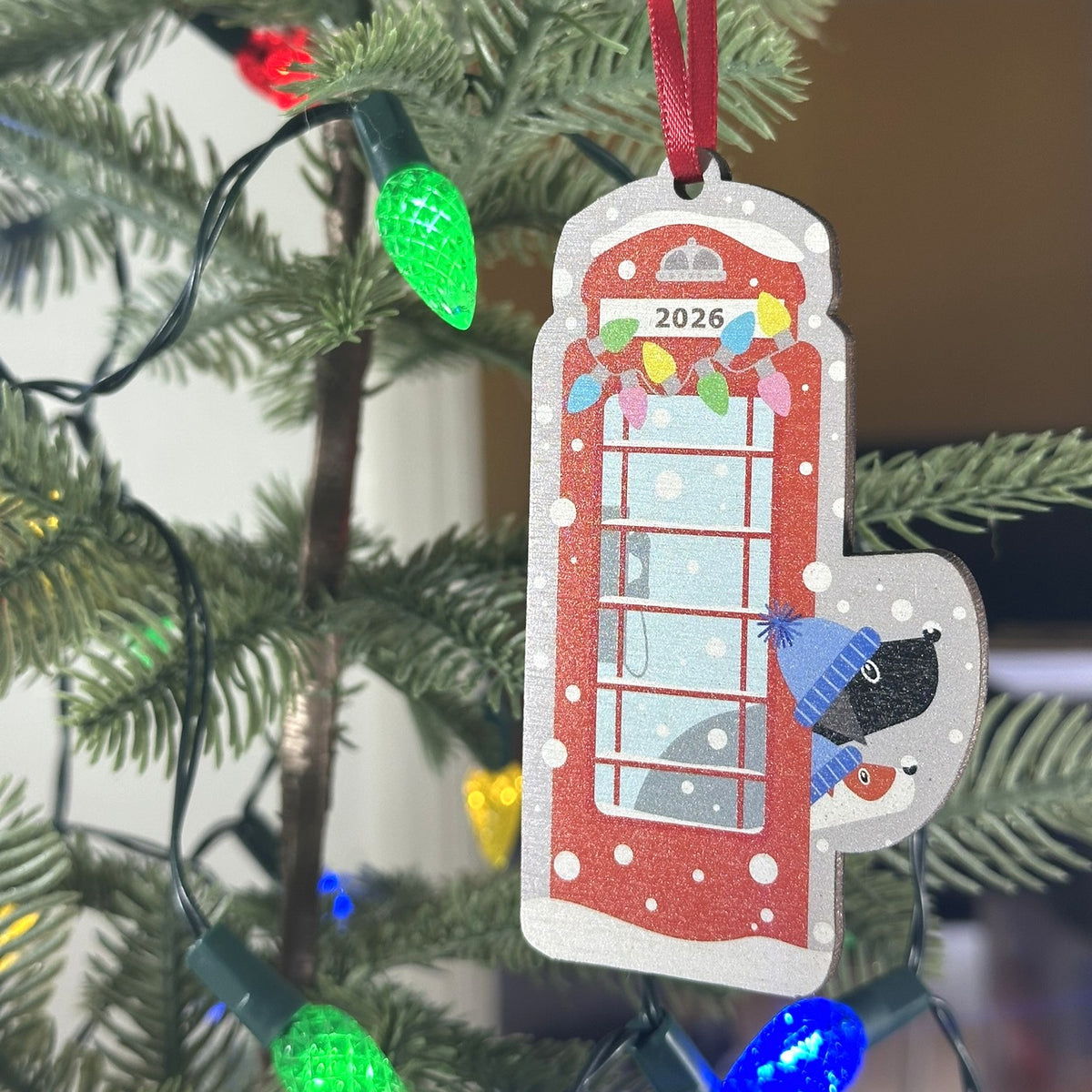 Personalised Red Phone Box With Two Dogs Peeking Out - Tree Decoration