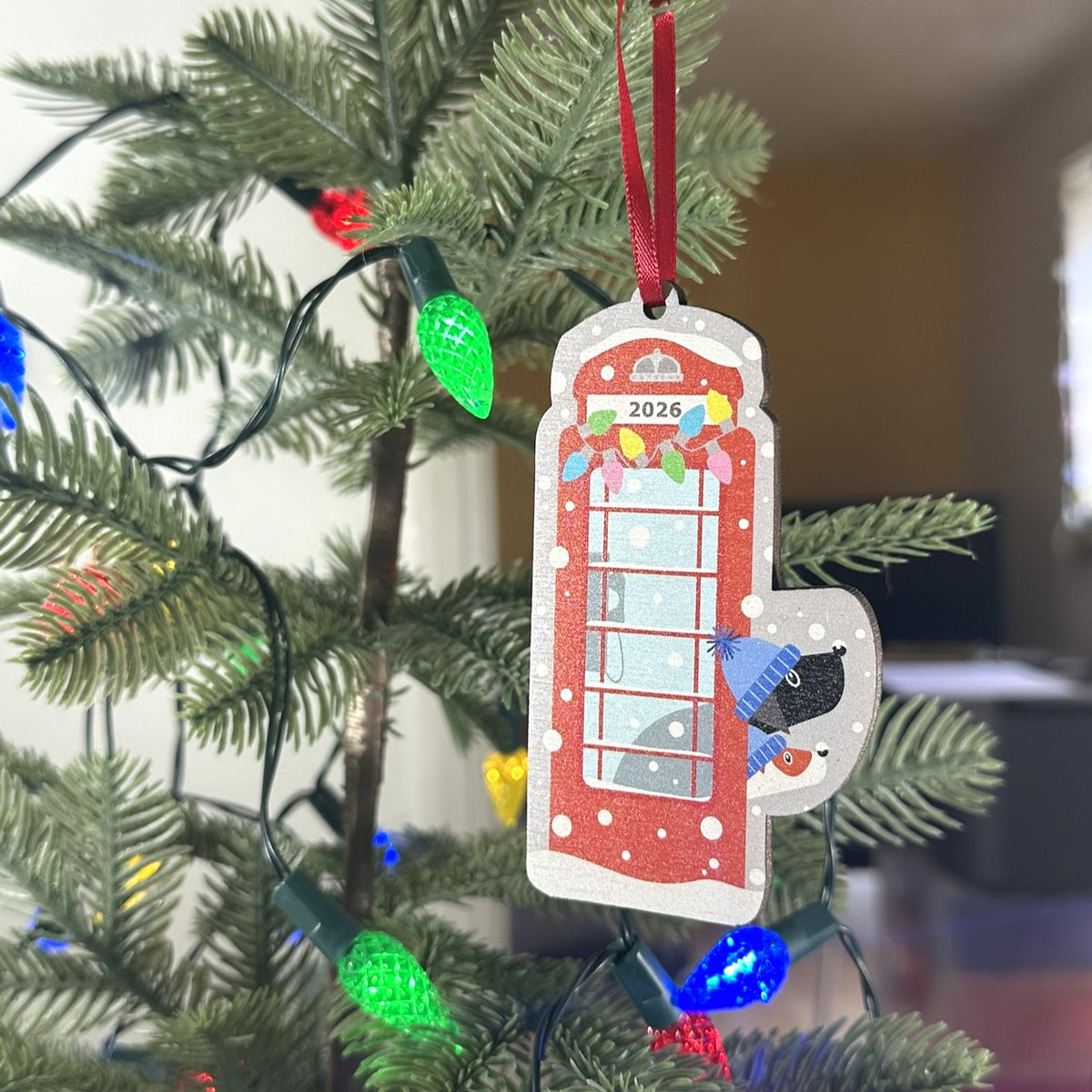 Personalised Red Phone Box With Two Dogs Peeking Out - Tree Decoration