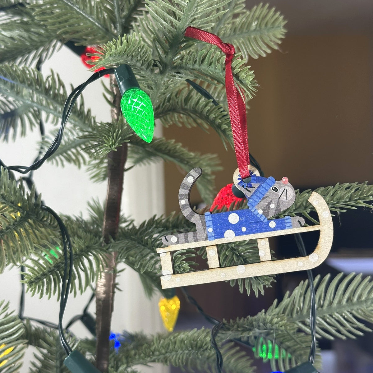 Grey Tabby Cat on a Christmas Sledge - Tree Decoration