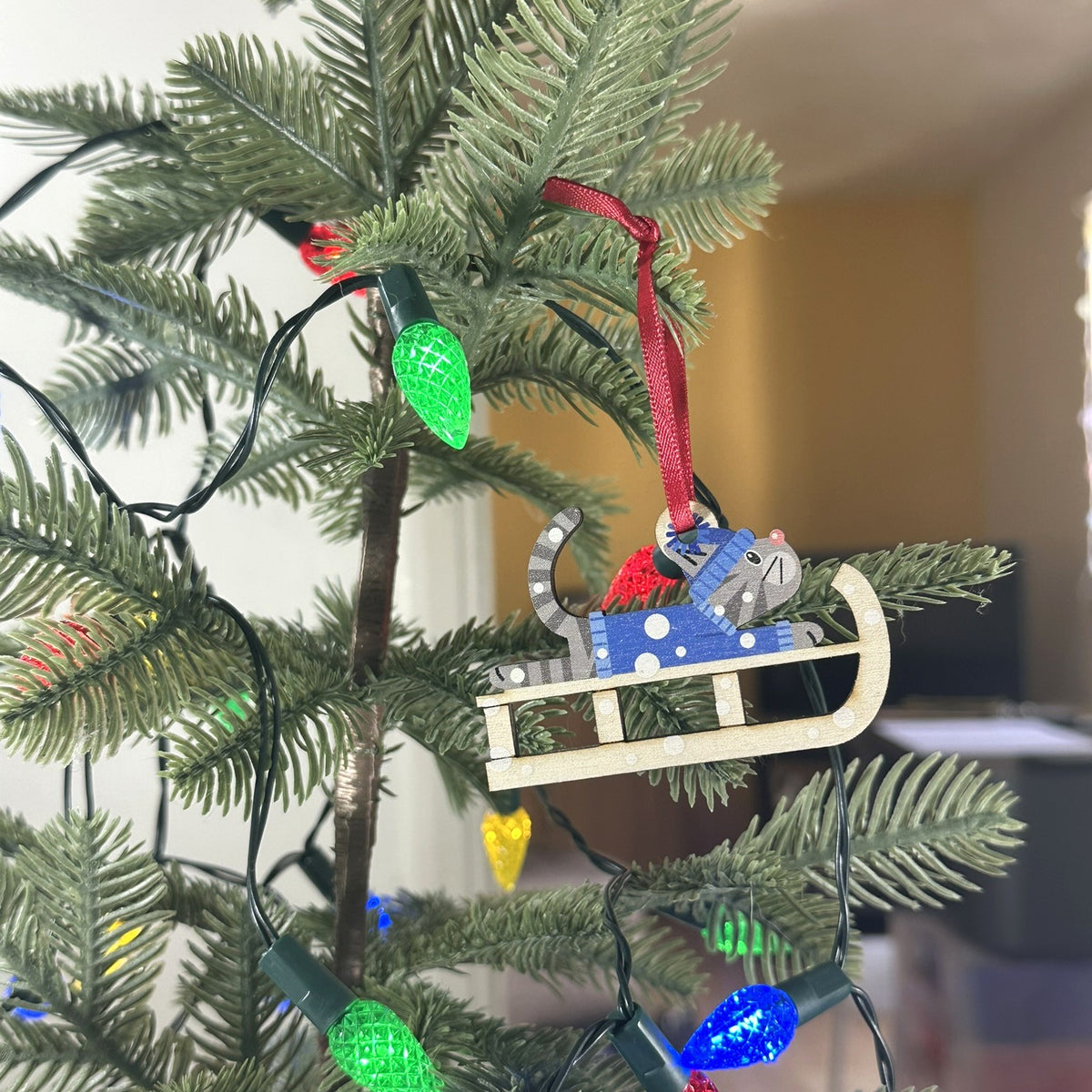 Grey Tabby Cat on a Christmas Sledge - Tree Decoration