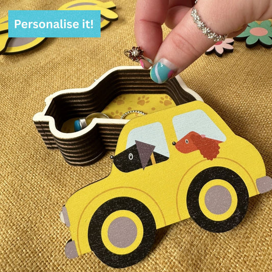Personalised Wooden Trinket Box, Dogs in a Yellow Car