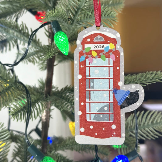 Red Phone Box With Black Labrador Peeking Out - Tree Decoration