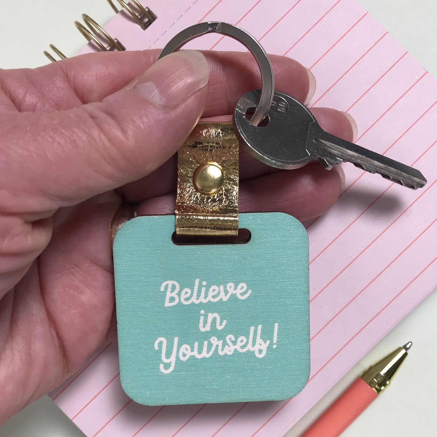 Pink Teal Leopard print Wooden Keyring with message