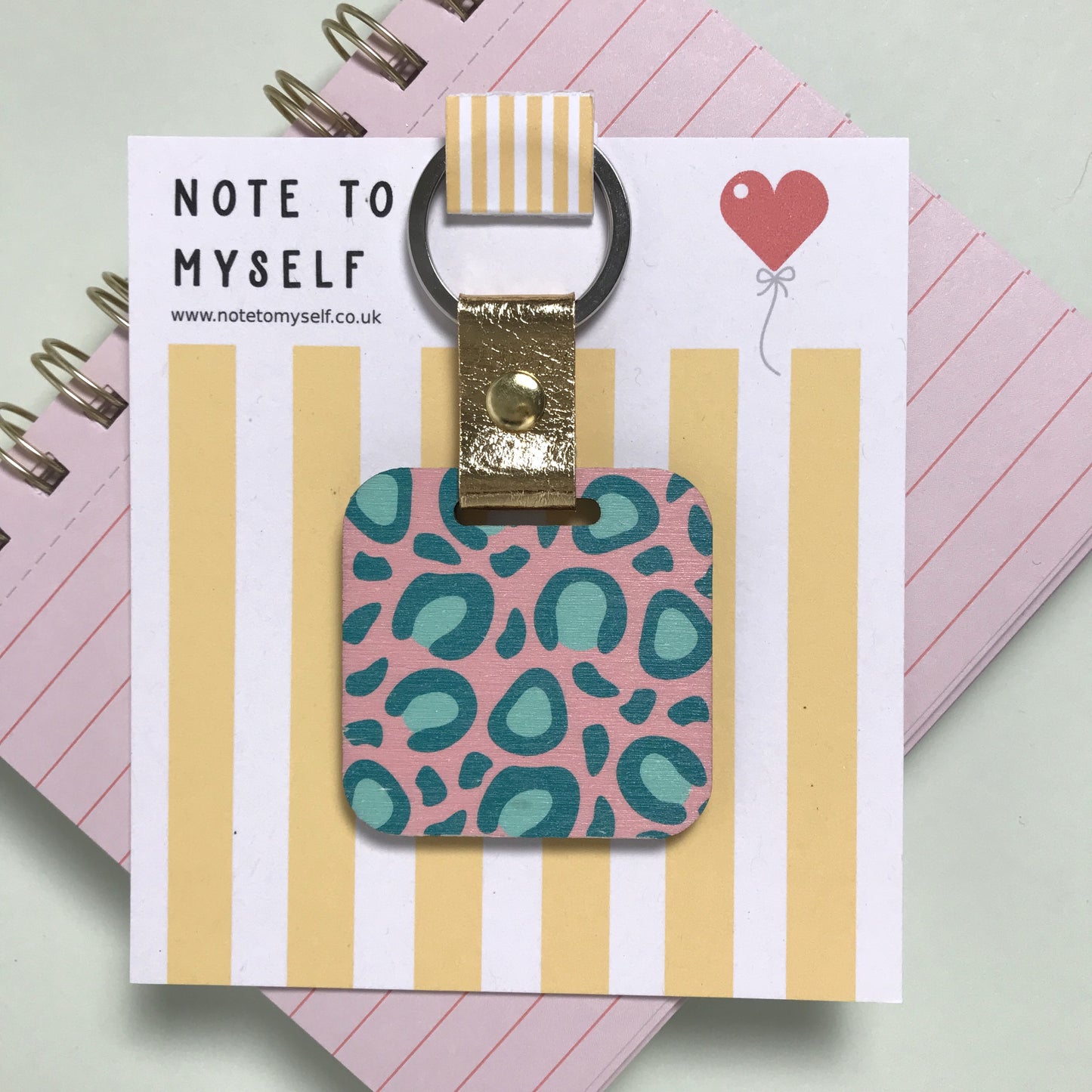Pink Teal Leopard print Wooden Keyring with message