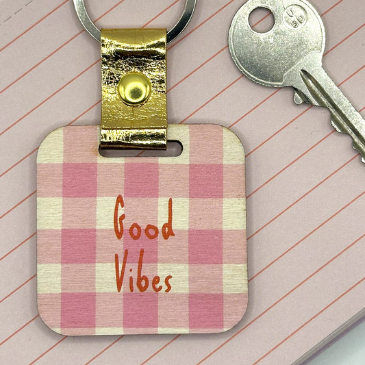 Pink Gingham Wooden Keyring