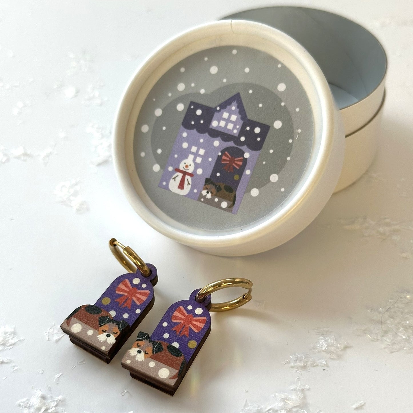 Wooden Christmas Earrings. Cute Terrier Dog on a Snowy Day