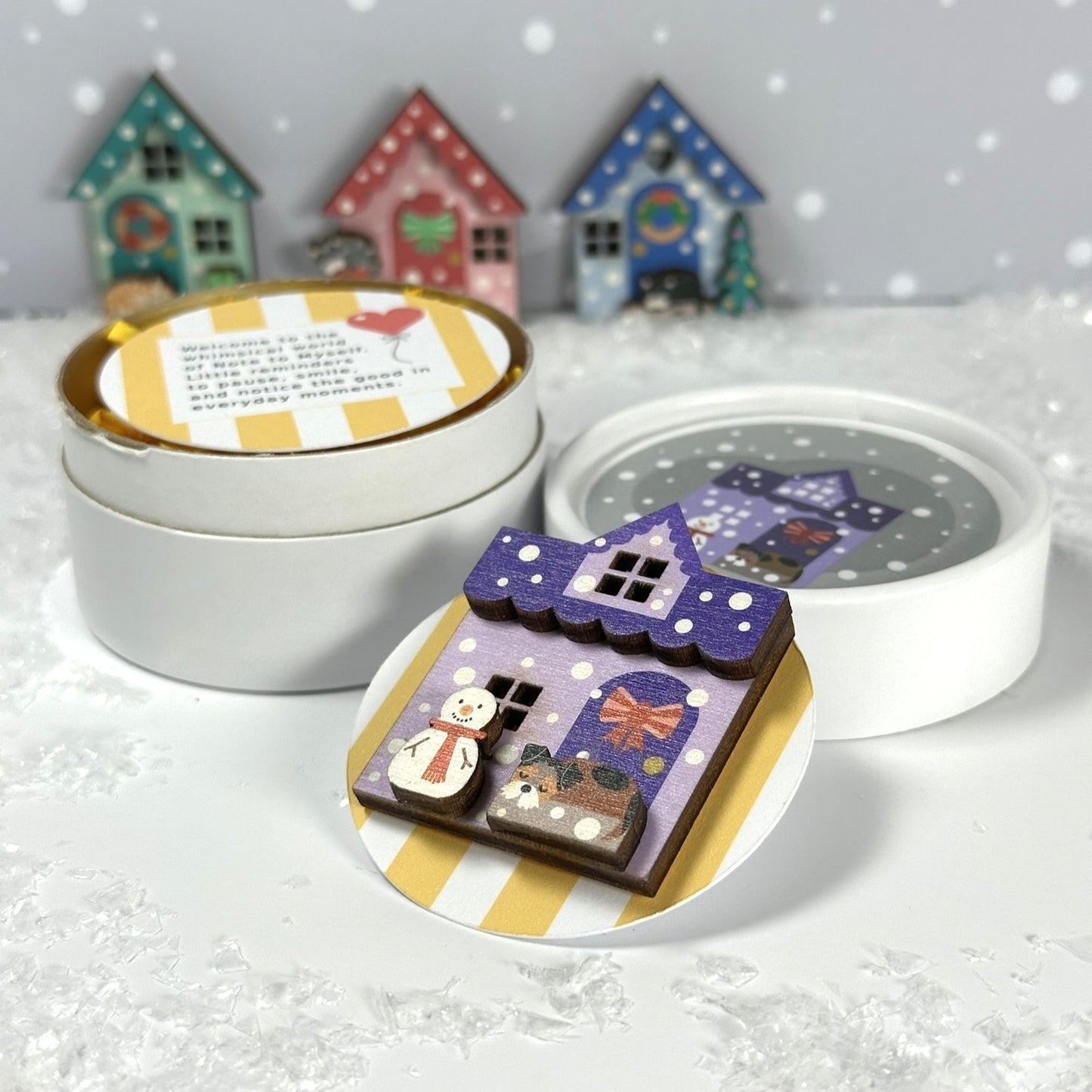 Festive Purple Wooden House Brooch. Perfect Winter Accessory