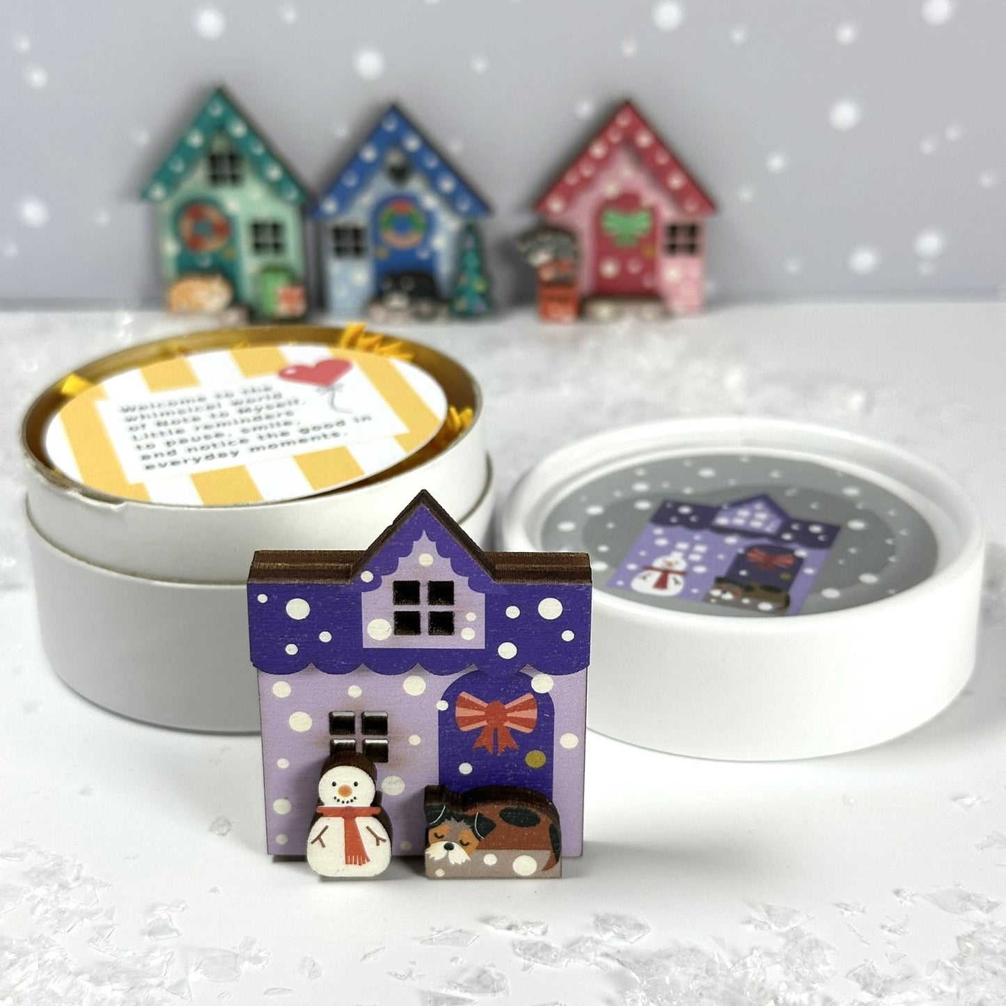 Festive Purple Wooden House Brooch. Perfect Winter Accessory