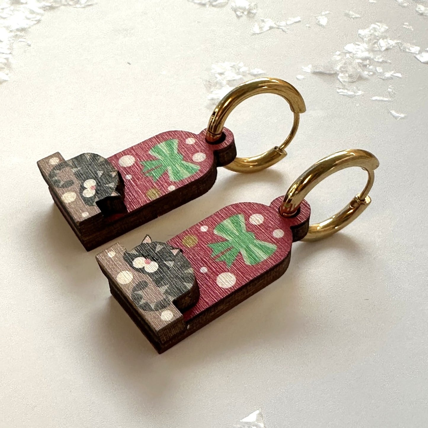 Cute Christmas earrings. Grey Tabby Cat on a Snowy Day