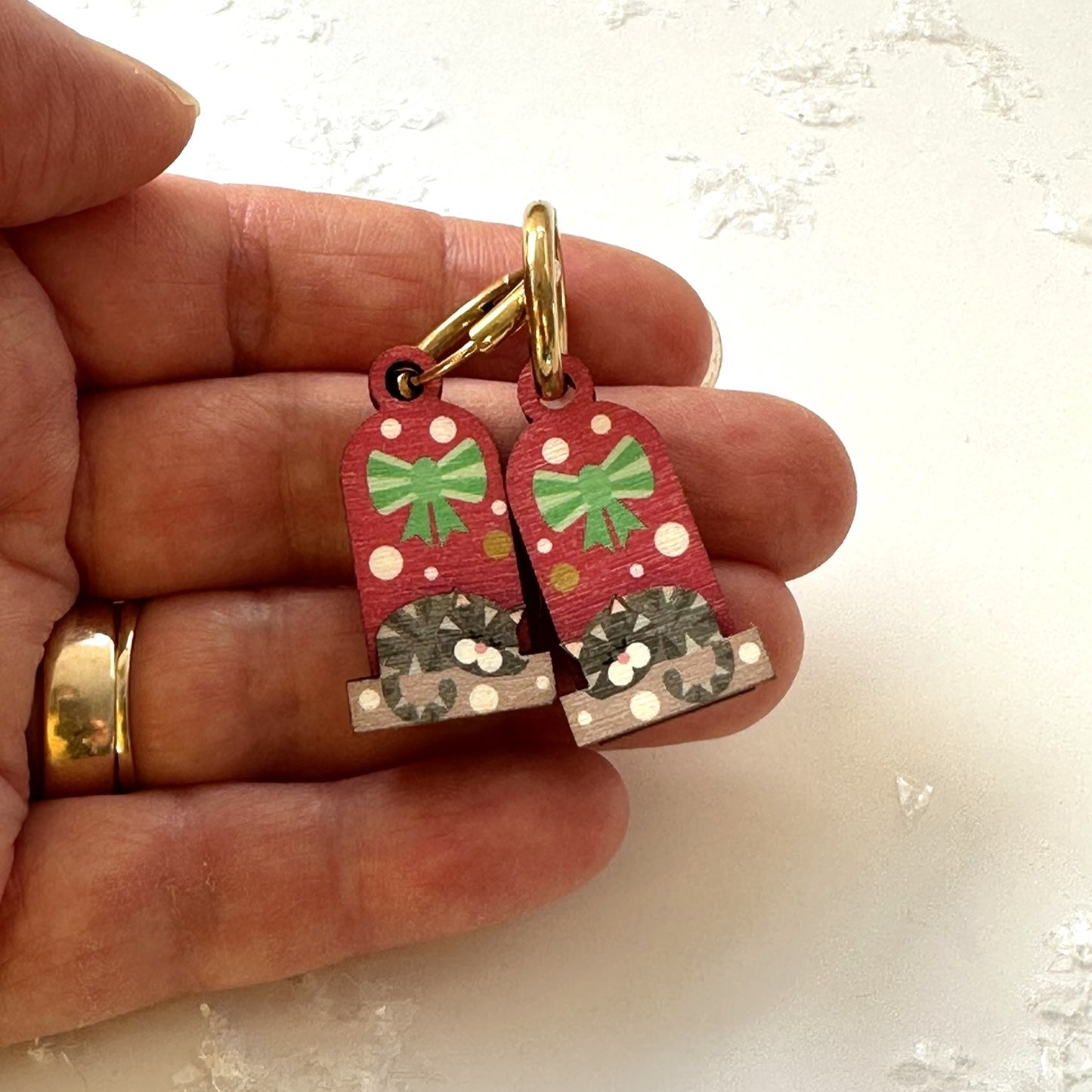 Cute Christmas earrings. Grey Tabby Cat on a Snowy Day