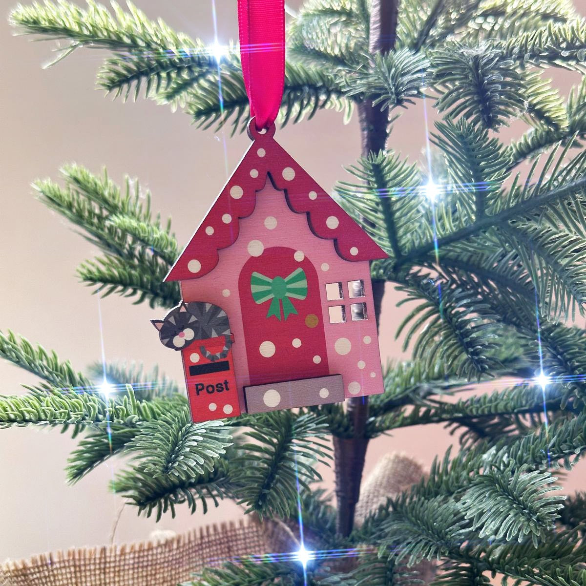 Red Snowy Day Christmas House Decoration, with Cute Grey Tabby Cat