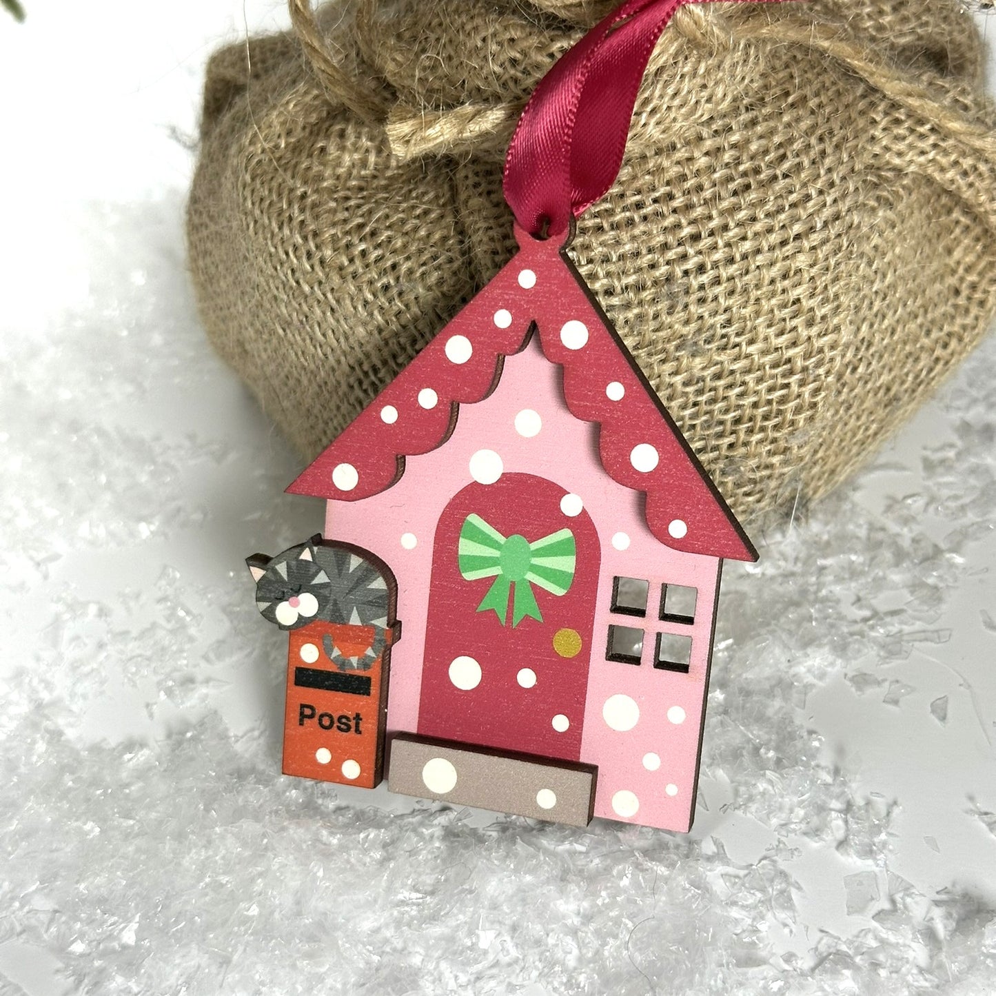 Red Snowy Day Christmas House Decoration, with Cute Grey Tabby Cat